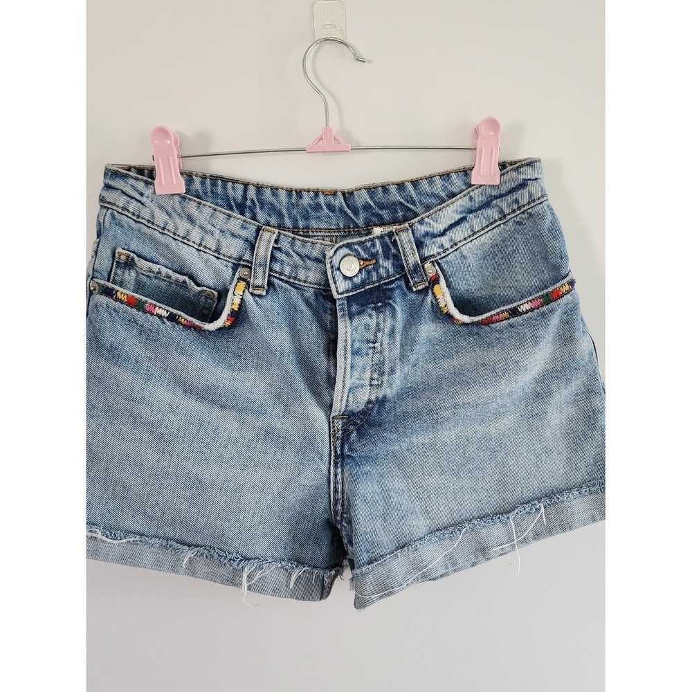 H&M Boyfriend Shorts Women Size 2 Blue Embroidered Boho Festival Cutoff Tribal‎